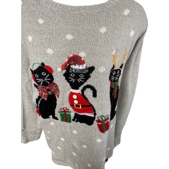 Karen Scott Sweater Top Women's 1X Gray CATS Sequins Holiday Graphic Relaxed NEW - Picture 4 of 14